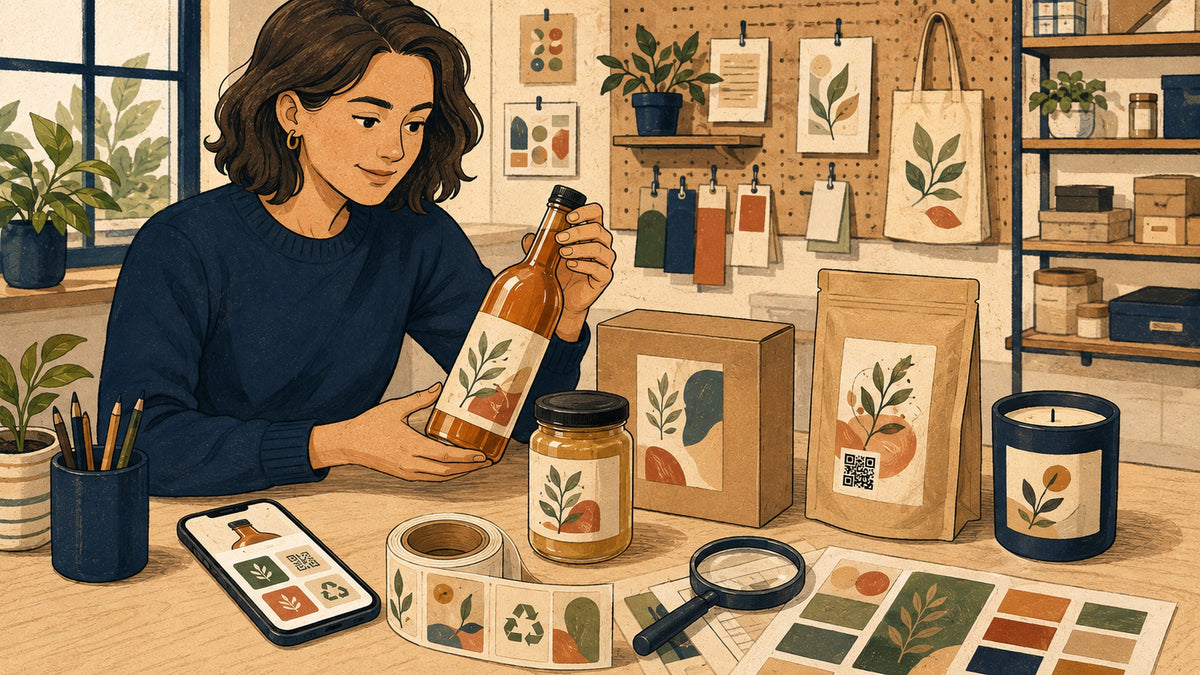 Illustration of a designer reviewing modern product packaging and label trends