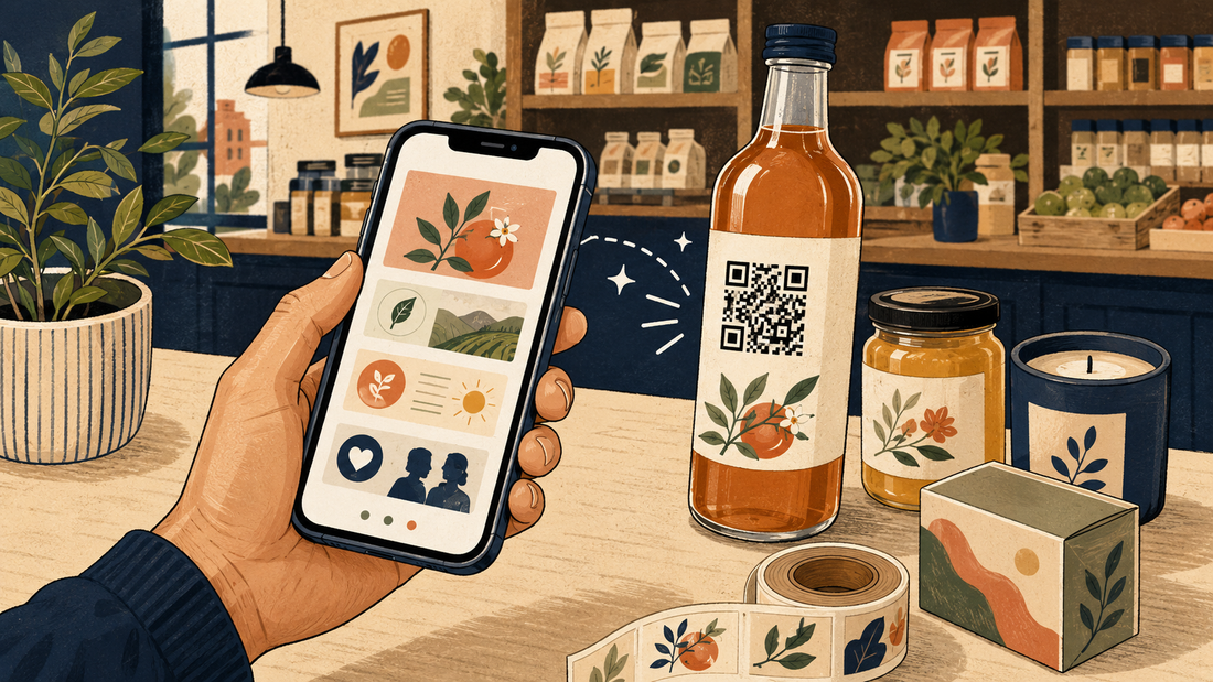 Illustration of a shopper scanning a QR code on a product label